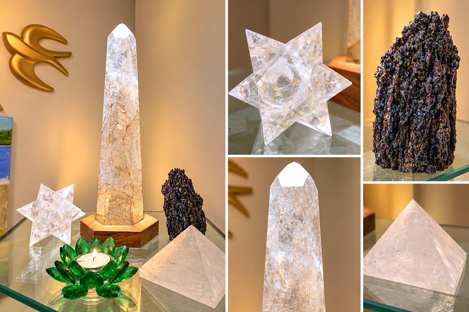 Collection de cristaux et détails de leurs formes géométriques