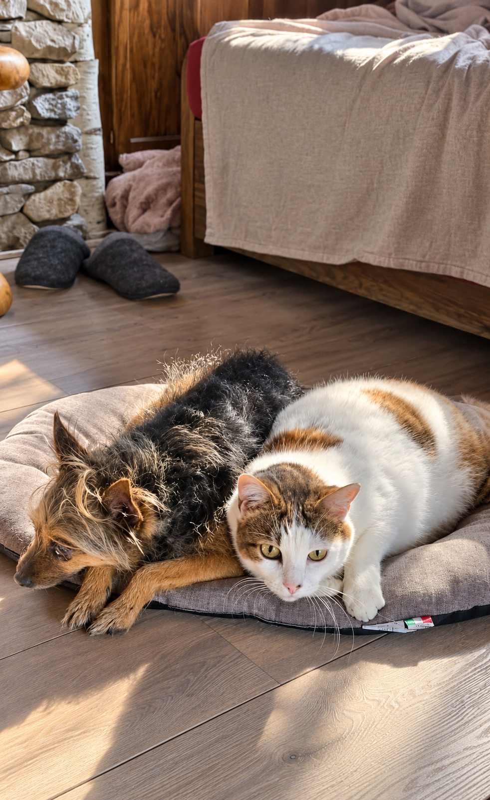 Un chien et un chat apaisés, couchés ensemble au soleil
